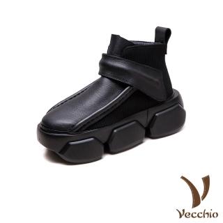 【Vecchio】真皮短靴 厚底短靴/全真皮頭層牛皮立體雙縫線魔鬼粘造型輕量厚底短靴(黑)