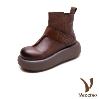 【Vecchio】真皮短靴 厚底短靴/真皮頭層牛皮復古手工立體縫線一字帶設計厚底短靴(咖)
