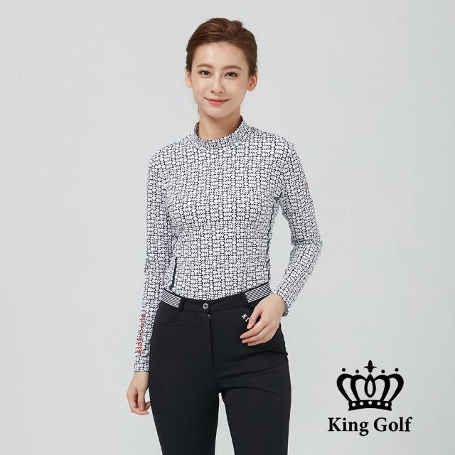 【KING GOLF】網路限定款-女款幾何滿版印圖LOGO印花立領薄款長袖上衣(藍色)