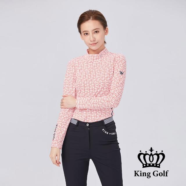 【KING GOLF】網路限定款-女款幾何滿版印圖LOGO印花立領薄款長袖上衣(橘紅)