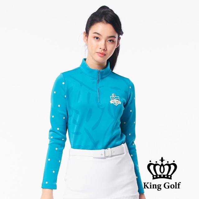 【KING GOLF】網路限定款-女款火鶴刺繡星星印花立領拉鍊中厚款長袖POLO衫(綠色)