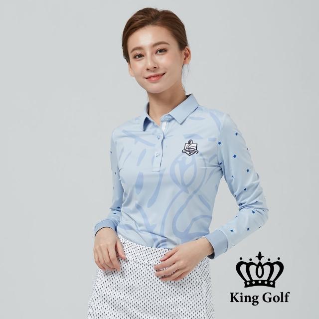 【KING GOLF】網路限定款-女款火鶴刺繡星星印花薄款長袖POLO衫(藍色)