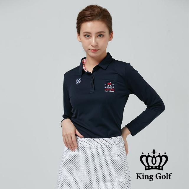 【KING GOLF】網路限定款-女款KG圖案刺繡火鶴愛心印圖中厚款長袖POLO衫(藍色)