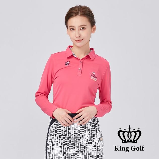 【KING GOLF】網路限定款-女款KG圖案刺繡火鶴愛心印圖中厚款長袖POLO衫(粉色)