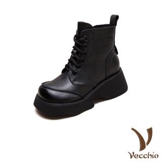 【Vecchio】真皮短靴 厚底短靴/真皮頭層牛皮典雅車線拼接坡跟厚底短靴(黑)
