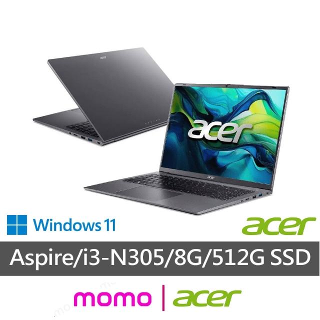 【Acer 宏碁】16吋i3八核心輕薄筆電(Aspire/ AL16-31P-390Y /i3-N305/8G/512G SSD/W11)