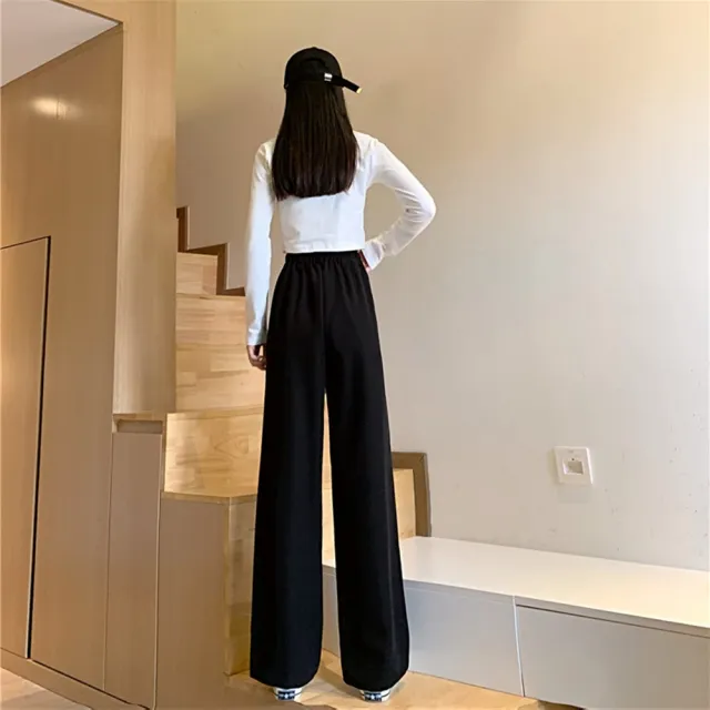 【D.studio】韓版高腰寬鬆顯瘦西裝褲(寬褲 褲子 長褲 休閒褲 女裝 高腰褲 拖地褲 直筒褲 黑褲 P130)
