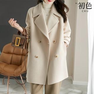【初色】純色翻領長袖雙排釦毛呢大衣外套女外套-共3色-38814(M-3XL可選)