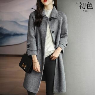 【初色】純色翻領排釦長袖寬鬆中長款風衣大衣毛呢外套女外套-共3色-38822(M-2XL可選)