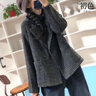 【初色】文藝復古純色寬鬆大口袋西裝領加厚毛呢外套女外套-黑灰格子-38835(L-XL可選)