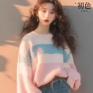 【初色】韓版簡約圓領星星印花長袖落肩袖針織毛衣上衣女上衣-粉色-38899(F可選)