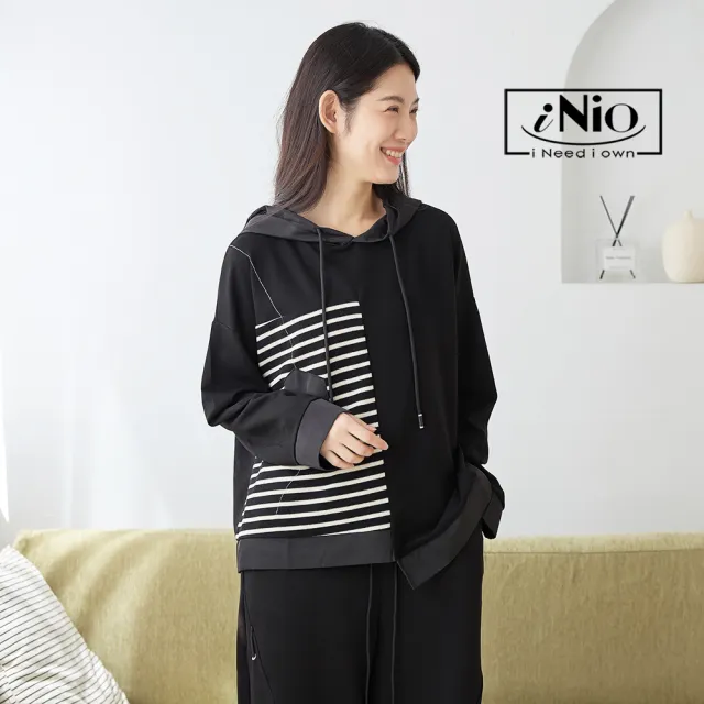 【iNio 衣著美學】長袖上衣 現貨 橫紋拼接 長袖帽T CDW1730