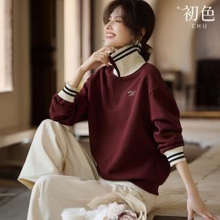 【初色】休閒撞色高領POLO領線條刺繡長袖上衣女上衣-酒紅色-38915(M-2XL可選)