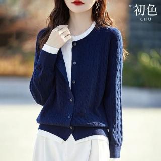 【初色】寬鬆麻花拼色螺紋圓領假兩件開衫長袖羊毛針織衫外套女外套-共4色-38949(F可選)