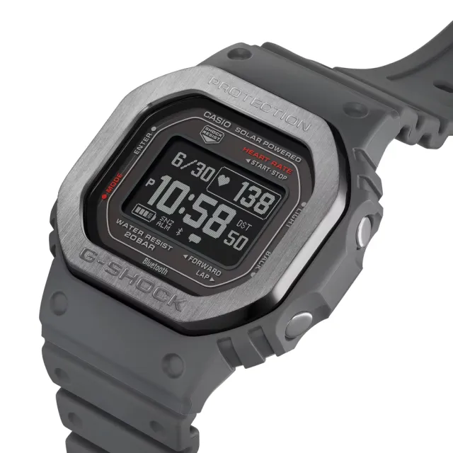 【CASIO 卡西歐】G-SHOCK G-SQUAD 太陽能智慧藍芽 心率監測 金屬框多功能方形運動錶-灰(DW-H5600MB-8)