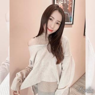 【Lydia】現貨 針織上衣 部落客推薦款 韓版質感高領小露肩兩件式設計款(杏 Free)