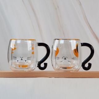 【YU Living 信歐傢居】日本進口 貓咪雙層玻璃馬克杯 250ml(2款任選.虎斑貓.麥克貓/咖啡杯 水杯)