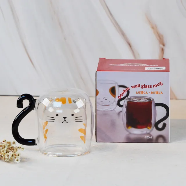 【YU Living 信歐傢居】日本進口 貓咪雙層玻璃馬克杯 250ml(2款任選.虎斑貓.麥克貓/咖啡杯 水杯)