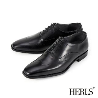 【HERLS】男鞋系列-全真皮翼紋縫線小方頭牛津鞋 面試通勤(黑色)
