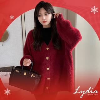 【Lydia】現貨 針織外套 韓版時尚愛心釦設計仿水貂絨針織開襟女外套(白/紅/黑 Free)