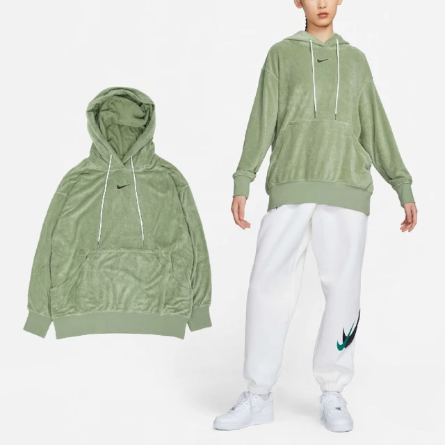 NIKE 耐吉 帽T NSW Oversized 女款 綠 連帽 長袖 上衣 寬鬆 毛巾布(DV7825-386)