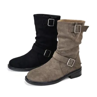 【Robinlo】西部牛仔抓皺堆堆靴中筒靴INMAN(摩卡棕/復古黑)