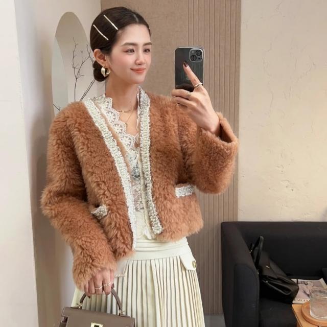 【米蘭精品】現貨+預購 皮草外套羊毛大衣(保暖短款減齡洋氣女外套2色74iq26)