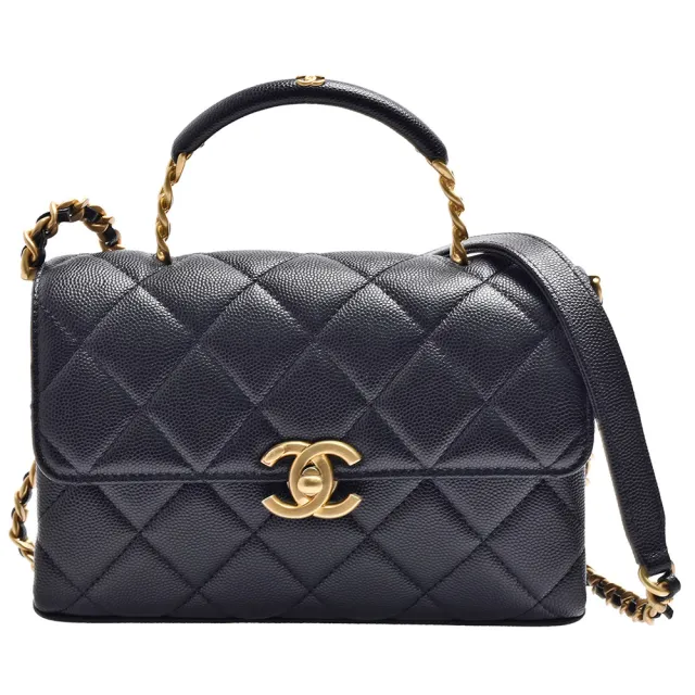 【CHANEL 香奈兒】經典菱格粒紋牛皮仿舊金鍊雙層手提/斜背包(黑色AS3982C-BLK-GPN)