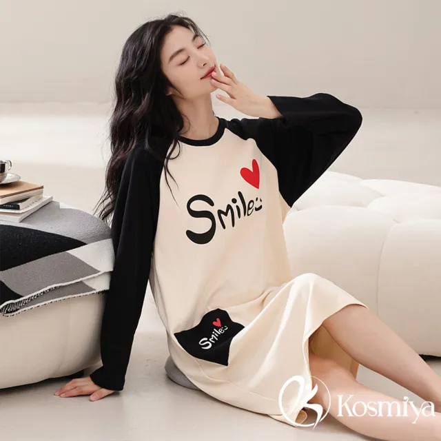 【Kosmiya】1套 帶胸墊 棉質童心俏皮長袖睡裙/女睡衣/長袖睡衣/連身洋裝/洋裝(4色可選/均碼/加大碼)