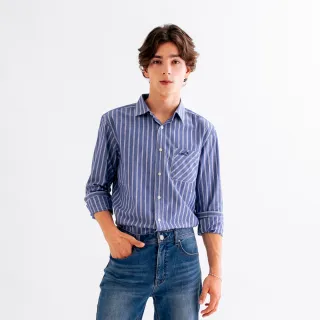 【Arnold Palmer 雨傘】男裝-直條府綢布刺繡LOGO襯衫(藍色)