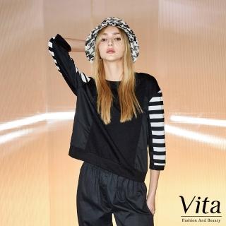 【MYSHEROS 蜜雪兒】VITA 造型上衣 純色拼布 條紋造型袖(黑)