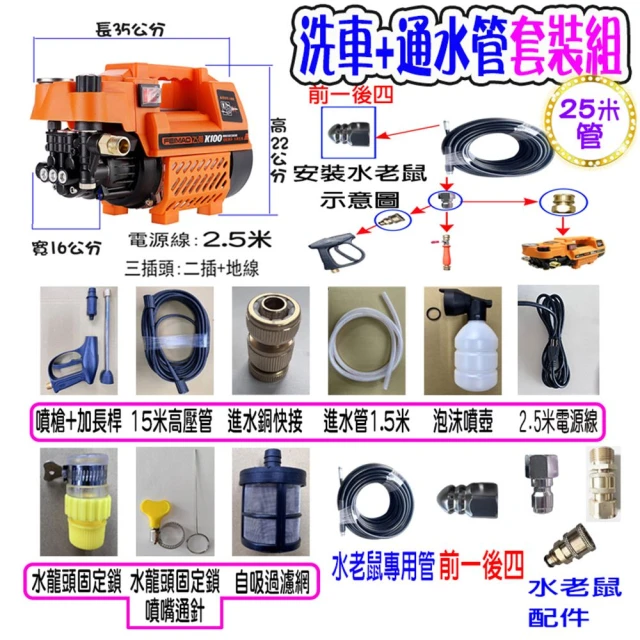 高壓清洗機 K100可調壓洗車機+25米通水管水老鼠(110V 全自動洗車機 洗冷氣 沖洗洗衣機 接水管自吸兩用)