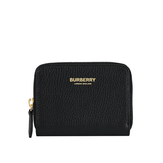 BURBERRY 巴寶莉 荔枝紋皮革燙金LOGO拉鍊卡夾零錢包 黑色(80840421)