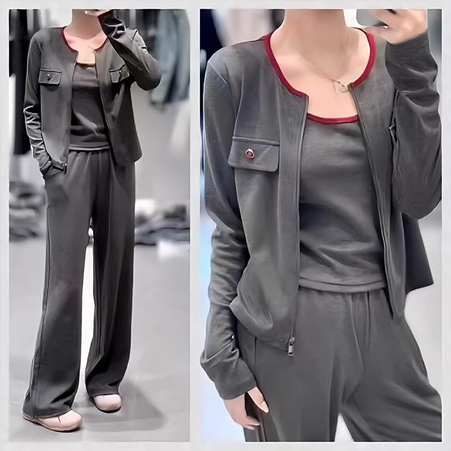 【chai yan 采妍】三件式 吊帶無袖背心+鬆緊腰綿長褲+假口袋外套(秋冬新款上衣-65-78公斤可穿)