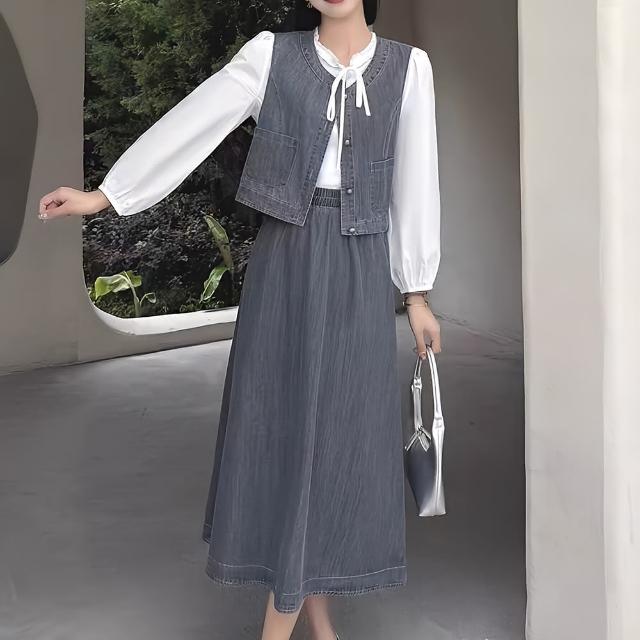 【chai yan 采妍】三件式 珠釦口袋背心+牛仔中長裙+亞麻綁帶上衣(秋冬新款上衣-65-78公斤可穿)