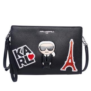 【KARL LAGERFELD 卡爾】Q版老佛爺人像LOGO防刮皮革手拿&斜揹包(黑色)
