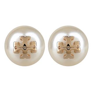 【TORY BURCH】TORY BURCH 經典品牌雙T標誌珍珠穿式耳環(象牙白x金)