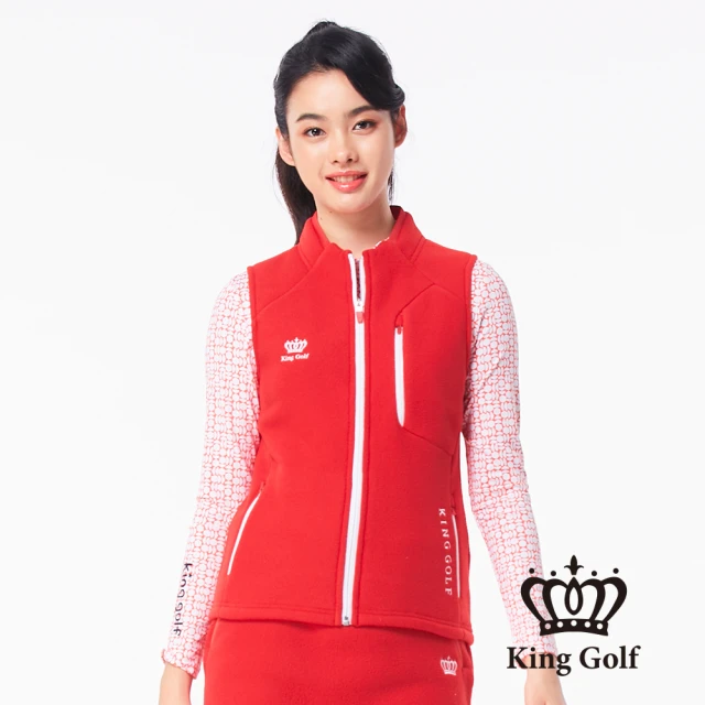 KING GOLF 網路限定款-女款搖粒絨毛絨跳色拉鍊厚款無袖背心(紅色)