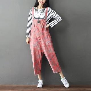 【巴黎精品】現貨+預購 復古民族風吊帶褲(棉麻背帶褲休閒韓版印花做舊七分女褲子2色a1ir47)