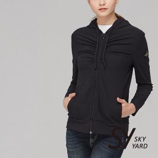【SKY YARD】網路限定款-女款素面抓褶抽繩連帽外套(黑色)