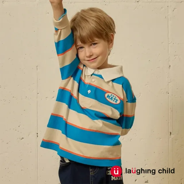 【laughing child】童裝-貴族學院風POLO橫條紋上衣(藍色)