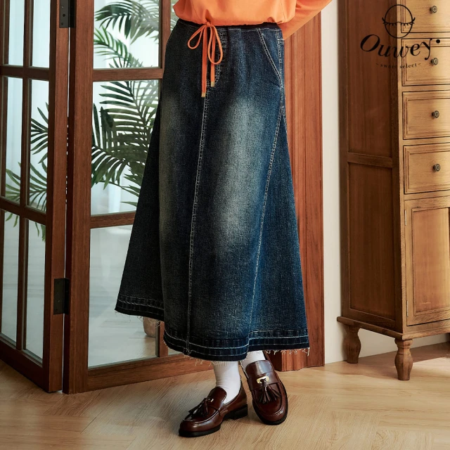 OUWEY 歐薇 復古水洗鬚邊縲縈牛仔長裙(藍；S-L；32