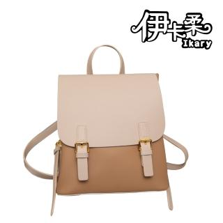 【Ikary 伊卡柔】真牛皮休閒學院風撞色翻蓋雙肩後揹包(8129)