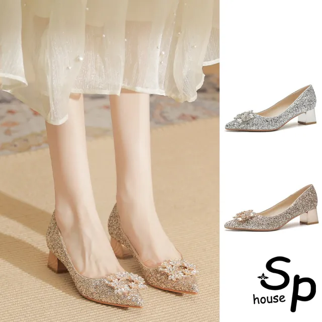 【Sp house】冰晶公主閃亮金蔥尖頭鏡面粗跟鞋(2色可選)