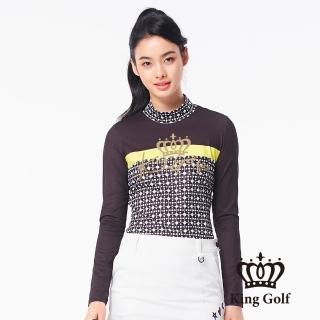 【KING GOLF】網路限定款-幾何點點撞色印花薄款立領長袖上衣(黑底白點)