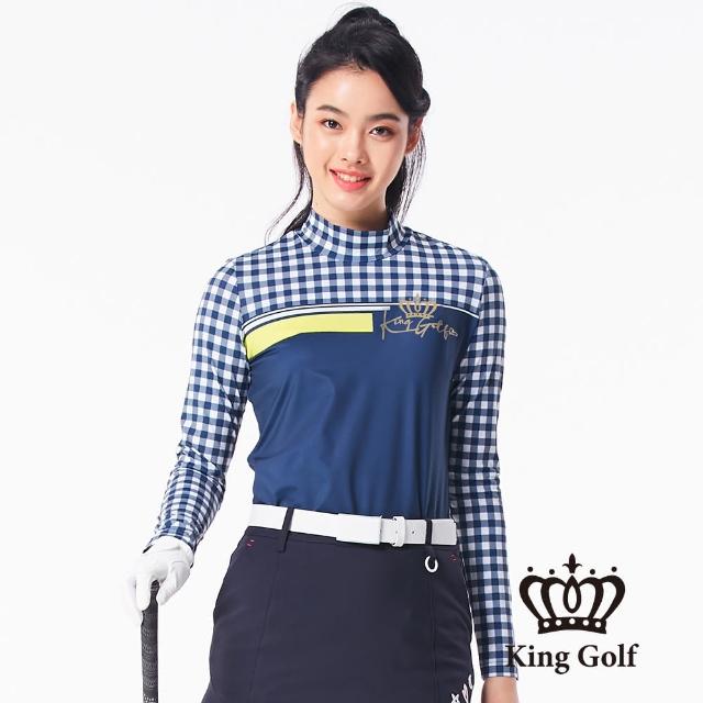 【KING GOLF】網路限定款-格紋撞色印花薄款立領長袖上衣(深藍)