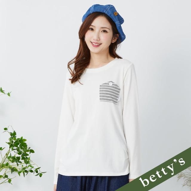 【betty’s 貝蒂思】條紋不對稱拼接圓領長袖T-shirt(白色)