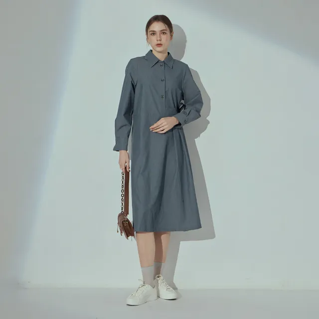 【MASTINA】不對稱綁帶長袖長洋裝(藍 咖)