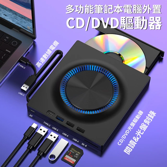 Allan USB/Type-C 五合一多功能光碟機 外接式CD/DVD燒錄機 SD/TF卡轉接外置光驅 U盤刻錄機