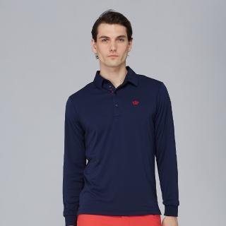 【KING GOLF】網路限定款-男款素面薄款LOGO燙印長袖POLO衫(丈青)